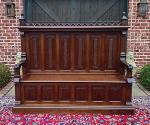 Large Antique French Bench Settee Gothic Oak Tracery Lift Top Seat c. 19th - Picture 1 of 23