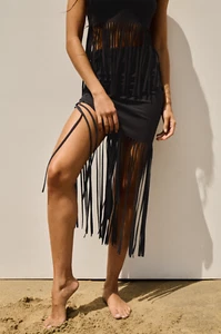 ZARA Black High Waist Fringed Ribbed Midi Skirt Size M Bloggers Fave Holiday - Picture 1 of 5
