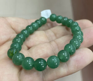 Certified 8mm Natural Green jade Round Beads Stretch Bracelet 7.5“ 0639