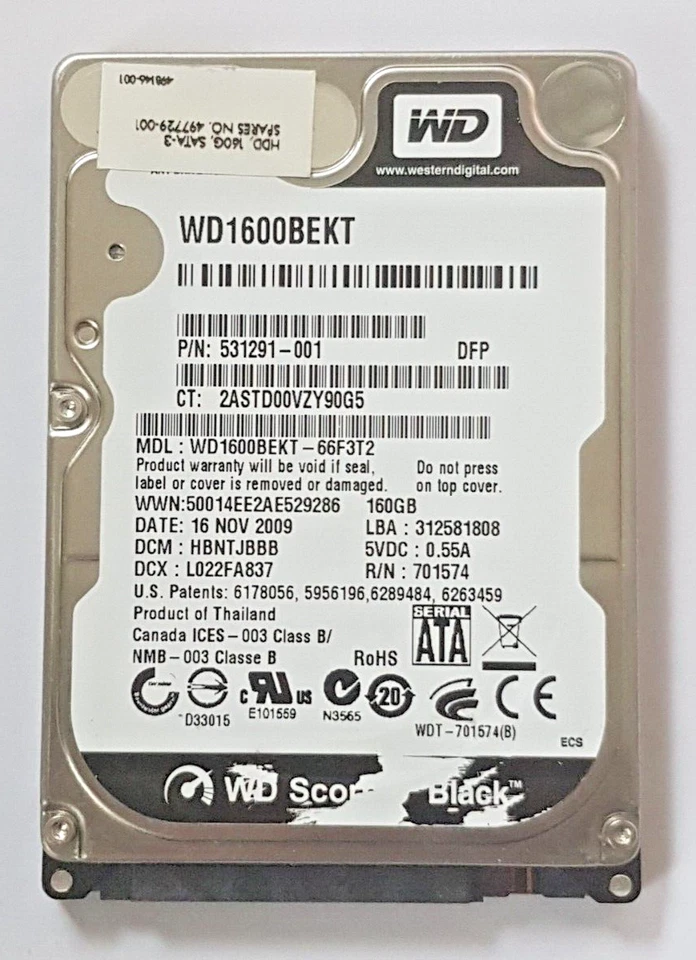 160 GB SATA Western Digital WD1600BEKT-66F3T2 7200rpm 16MB HDD 2.5 " Hard Drive - Image 1 of 1