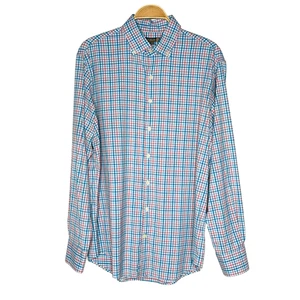 Peter Millar Mens Large Summer Comfort Shirt Long Sleeve Stretch Blue Pink Plaid - Picture 1 of 9