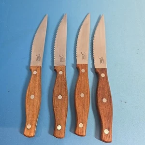 Ekco Flint Steak Knives Set 4.5 Inch Blade 3 Rivet Wood Handle Serrated Edge - Picture 1 of 12
