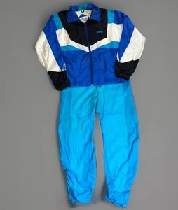 Pantaloni tuta a vento vintage anni 80 90 blu acqua bianco nero + giacca media - Foto 1 di 12