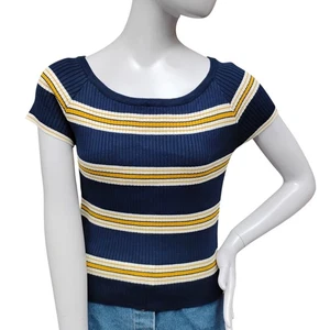 L.A. Hearts Ribbed Blouse Striped Blue and Yellow Size Large Short Sleeve - Picture 1 of 7