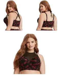 TORRID VIXEN (00X) M  Black Swim Bra Pineapple Mesh Halter Push-Up Bikini Top - Picture 1 of 4