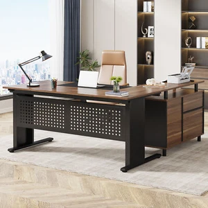 Modern Executive Desk with File Cabinet, L Shaped Office Desk w/ Storage Shelves - Picture 1 of 24