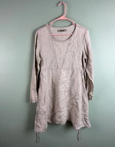 Flax Linen Oatmeal Tie Shirt Dress Boho Pockets Beige Hippie Paper Bag Marks MED - Picture 1 of 7