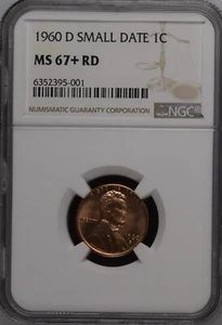 1960-D 1C RD Small Date Lincoln Memorial One Cent  NGC MS67+RD  6352395-001 - Picture 1 of 2