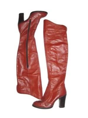 复古罕见干邑棕色过膝高拉链高跟鞋折叠皮靴 5 — 第 1/4 张图片