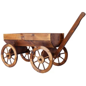 Wood Wagon Flower Planter Pot Stand W/Wheels Home Garden Outdoor Decor - Picture 1 of 13