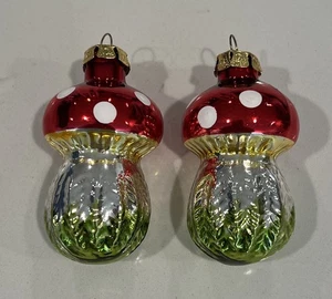 2 Vintage Glass Mushroom Ornaments 3” H Red Polka Dots - Picture 1 of 6