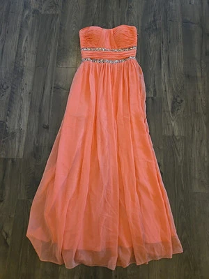 Anny Lee Peach/Coral Formal Dress Prom Ballgown Sz M Bead Sequin Long Strapless  - Image 1 of 4