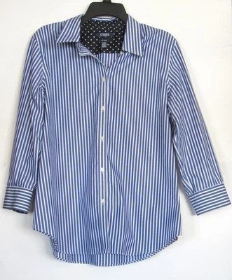 Camisa CHAPS Mujer Rayas Azul/Blanco Algodón Mangas Abotonadas 3/4 Sin Hierro XL Foto 1 de 4