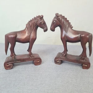 Vintage Pair Chinese Hand Carved Rosewood Horses With Glass Eyes 3.5”x3.25” - Picture 1 of 12