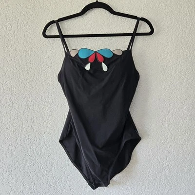 Calvin Klein 10 Black One Piece Swimsuit with Colorful Appliqué - Image 1 of 4