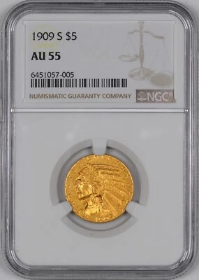 1909-S Five Dollar Gold Indian Half Eagle $5 - NGC AU55 -  - Image 1 of 2