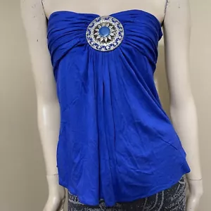 Women’s Blue Rayon Casual Party Stretch Medallion Strapless Size L Blouse Top - Picture 1 of 17