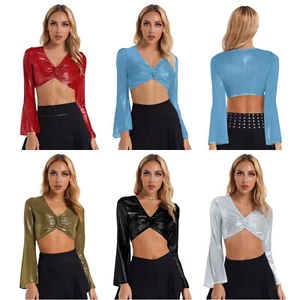 Women Shirt Solid Color Tops Performance Blouse Crop Top Belly Dance Metallic - Picture 1 of 63