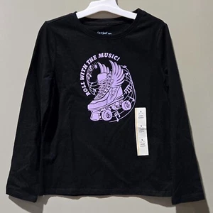 Cat & Jack Size Small 6/7 Black ROLL WITH THE MUSIC Retro Roller Skating LS Tee - Picture 1 of 6