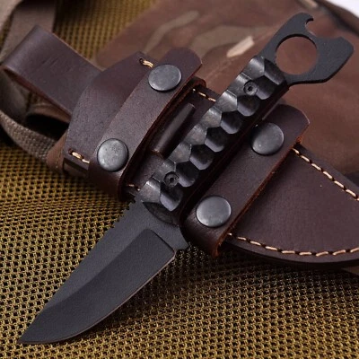 Mini cuchillo desollador de caza recubierto de polvo de acero D2 hecho a mano espiga completa con funda Foto 1 de 4