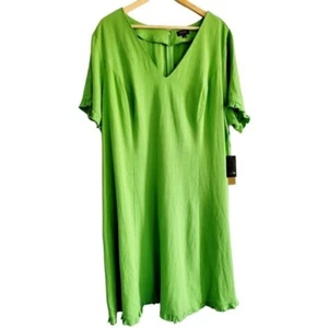 Marèe Pour Toi Green Linen Cotton Blend Summer V Neck Short Sleeve Dress Plus Sz - Picture 1 of 6