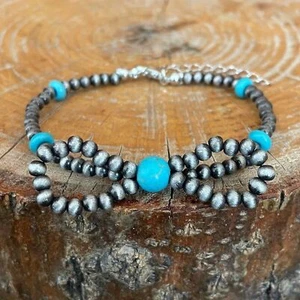 New Faux Navajo Style Pearl Turquoise Bow Bracelet Western Boho Cowgirl Silver - Picture 1 of 1