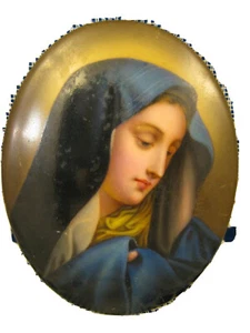 Miniature Portrait Plaque ~ MADONNA IN BLUE ~ Hand Painted Porcelain Antique - Picture 1 of 6