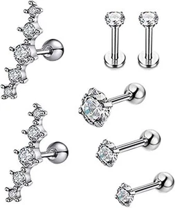 7Pcs 16G Stainless Steel Cartilage CZ Stud Earrings for Women Girls Helix Tragus - Picture 1 of 6