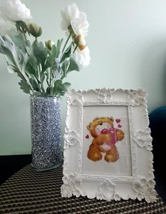 Finished Framed Cross Stitch Picture Bear Hearts Love Valentine Gift - Picture 1 of 6