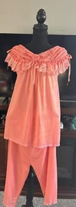 Vtg Prissy Coral Double Nylon Babydoll Top & Bloomer Top Bottom Ruffles & Lace - Picture 1 of 20