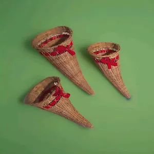 Thanksgiving Lot Woven Wicker Cornucopia Horn of Plenty Basket  18” & 14”x2 - Picture 1 of 4