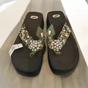 Women Camo High Wedge Rhinestone Slides Flip Flops Thong Sandal Size 9 - Picture 1 of 6