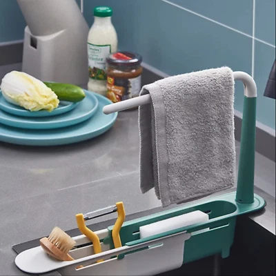 Suporte para pia de plástico expansível cesta de drenagem de armazenamento suporte para esponja e sabonete - Imagem 1 de 3