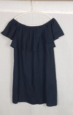 Top túnica Saks Fifth Avenue azul marino S fuera del hombro 100 % lino volantes boho chic Foto 1 de 4