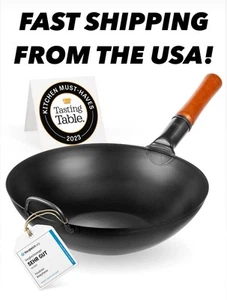 Carbon Steel Wok Pan 13.5” Stir Fry Pans w/ Flat Bottom Pow Traditional Wok NEW - Picture 1 of 10