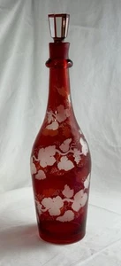 Antique Bohemian Czech Engraved Ruby Blown Glass Decanter & Stopper 19th Century - Picture 1 of 17