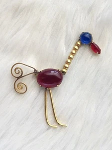 Spilla statuina uccellino collo lungo struzzo cabochon multicolore vintage rara - Foto 1 di 12