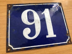 ORIGINAL ANTIQUE FRENCH BLUE ENAMEL HOUSE NUMBER Quatre-vingt-onze (91) - Picture 1 of 6