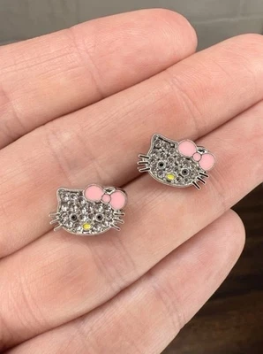 Hello Kitty Silver Rhinestone Stud Earrings Sanrio Kawaii New - Image 1 of 4