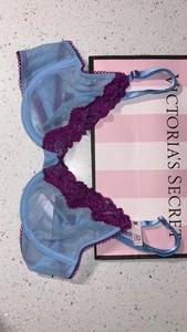 Victoria's Secret Tease Blue And Purple Lace-Trim Unlined Demi Bra Size 32C - Picture 1 of 2