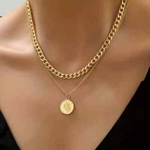 VALENTINES Gold Plated 2pcs Minimalist Statement Necklace with Coin Curb Chain - Picture 1 of 6