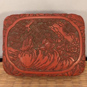 Antique Japanese Tsuishu Red Cinnabar Lacquer Box Three Monkeys Nikko Japan - Picture 1 of 24