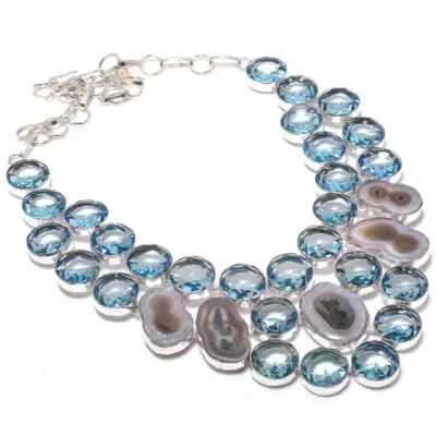 NATÜRLICH SOLARQUARZ, AQUAMARIN EDELSTEIN HALSKETTE 925ER STERLINGSILBER - Bild 1 von 4