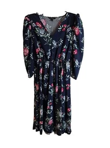 Banana Republic Navy Floral Print Midi Dress Size M Fit and Flare V Neck Boho - Picture 1 of 5