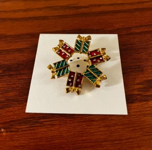 SCATOLA REGALO VINTAGE SMALTO TONO ORO FESTA NATALE STRASS CORONA SPILLA SPILLA - Foto 1 di 3