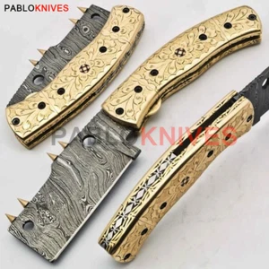 Premium Hand Forged Damascus Steel Hunting Brass Folding Knife , Outdoor , Knife - Picture 1 of 1