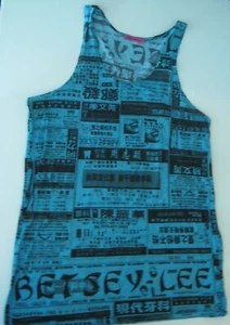 Rare Betsey Johnson Chinese Newspaper Print Blue Sleeveless T Shirt Size S Small - Picture 1 of 14