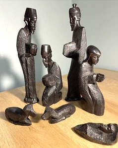 Vintage afrikanische Weihnachtskrippe Ebenholz geschnitzt Brutalist stilisierte Figuren Lot 7 - Bild 1 von 13