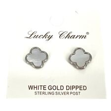 Lucky Charm White Gold Dipped Clover Stud Earrings White Silver NWT