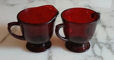 Rare Vintage Anchor Hocking Royal Ruby Red Glass Footed Sugar and Creamer Set - Image 1 of 4